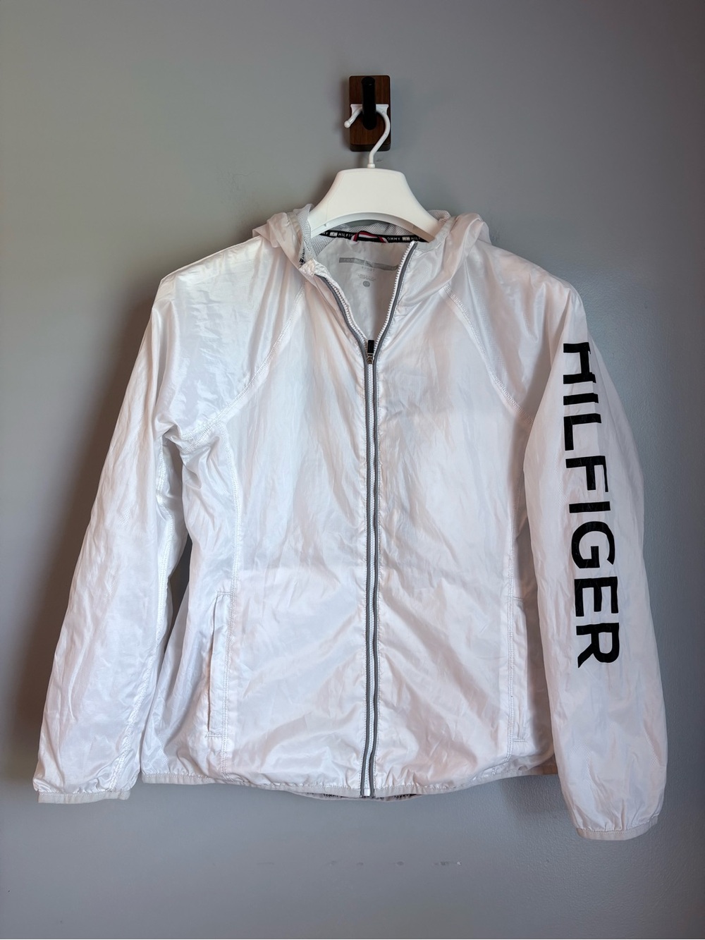 Tommy Hilfiger Sport Womens Small White Lightweight Windbreaker Jacket Hooded